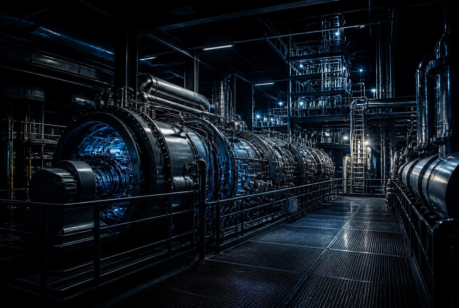 Planta industrial con turbinas y tuberías de acero iluminadas en azul