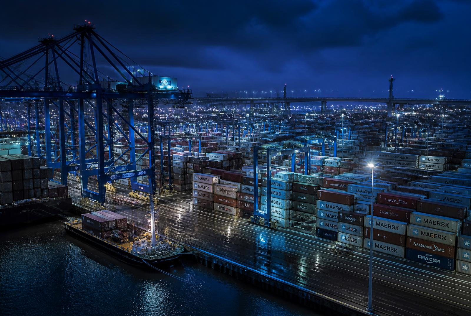 Terminal de contenedores iluminada de noche con grúas pórtico